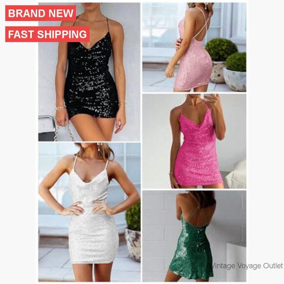 Sequin Bodycon Mini Dress Sleeveless Backless Party Club Night Out - Picture 5 of 6